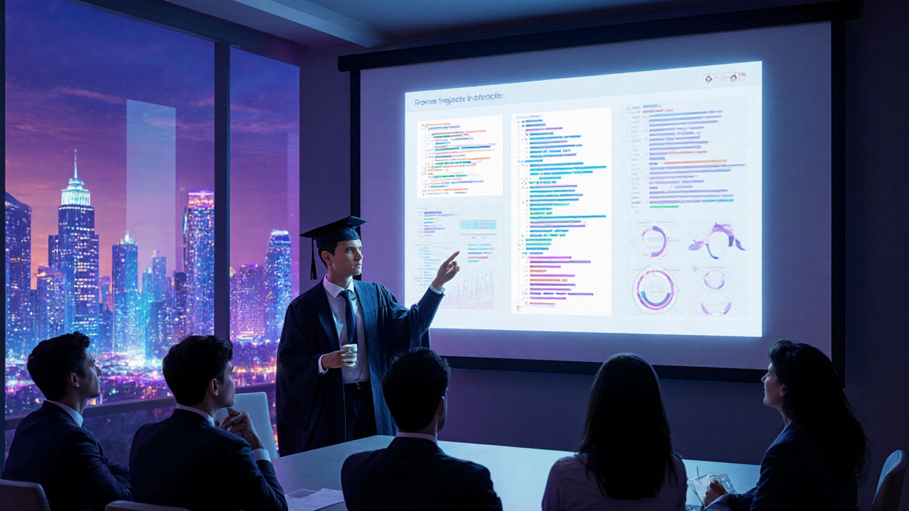 A graduate showcases a portfolio at a networking event with city lights behind.