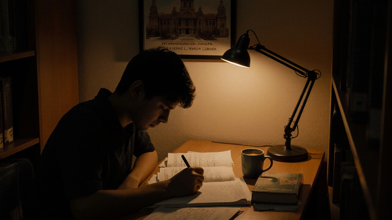 A solitary student studying late at night with NCERT books and handwritten notes.