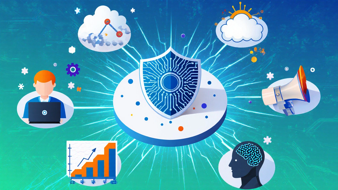 Collage of icons for data science, cybersecurity, cloud, software, marketing, project management, AI.