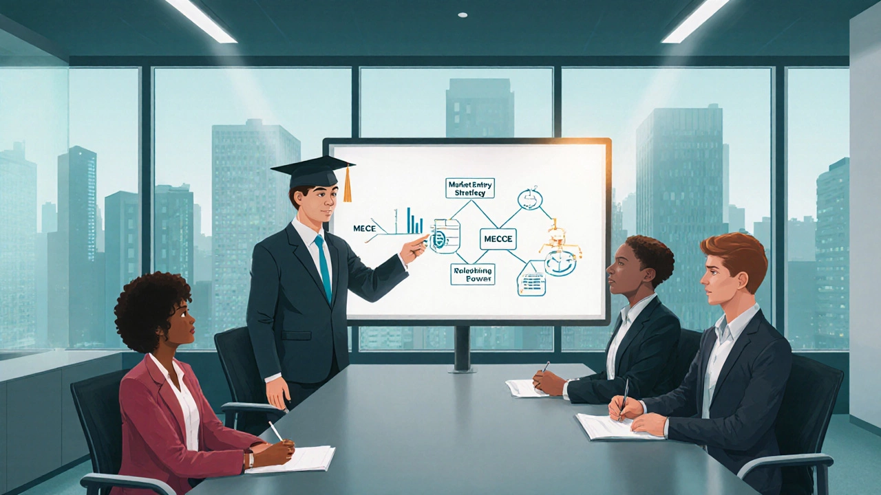 Consulting team discussing a market strategy on a digital screen with an MBA graduate presenting.