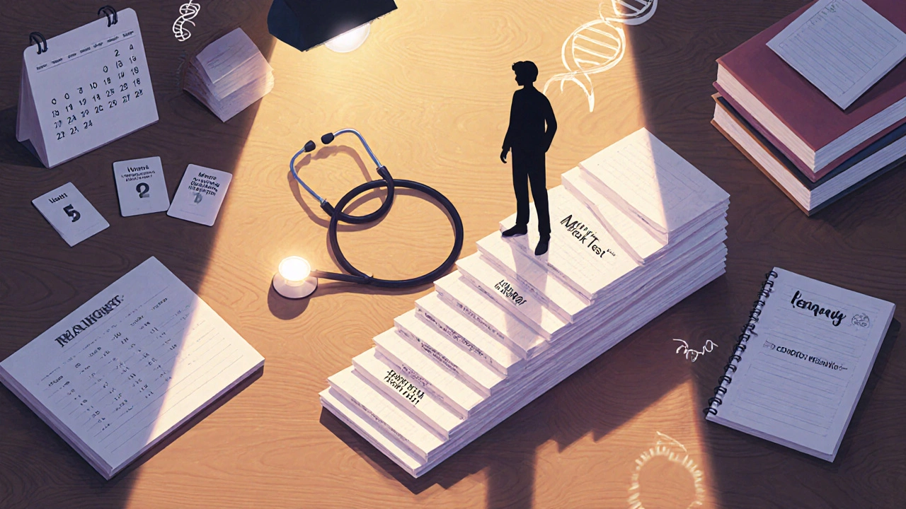 Desk with calendar, flashcards, mock tests and a student silhouette climbing paper stairs.