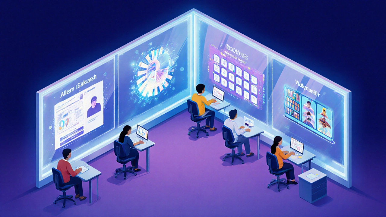 Five coaching styles shown as transparent panels in a modern classroom with engaged students.