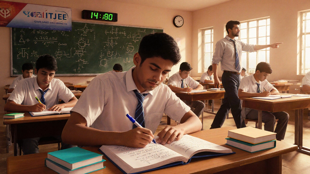 Focused Class 11 student solving problems in a coaching hall with NCERT books.