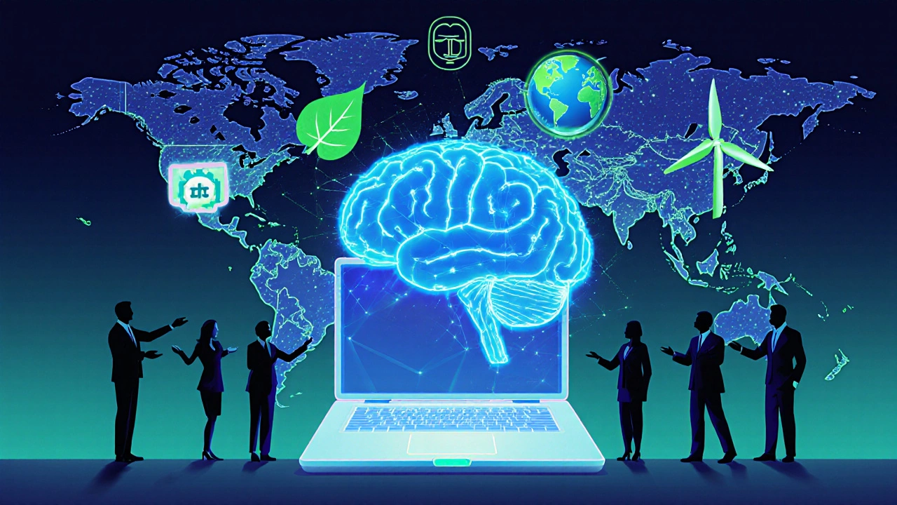 Futuristic AI brain hologram surrounded by ESG and renewable energy symbols representing MBA hiring trends.