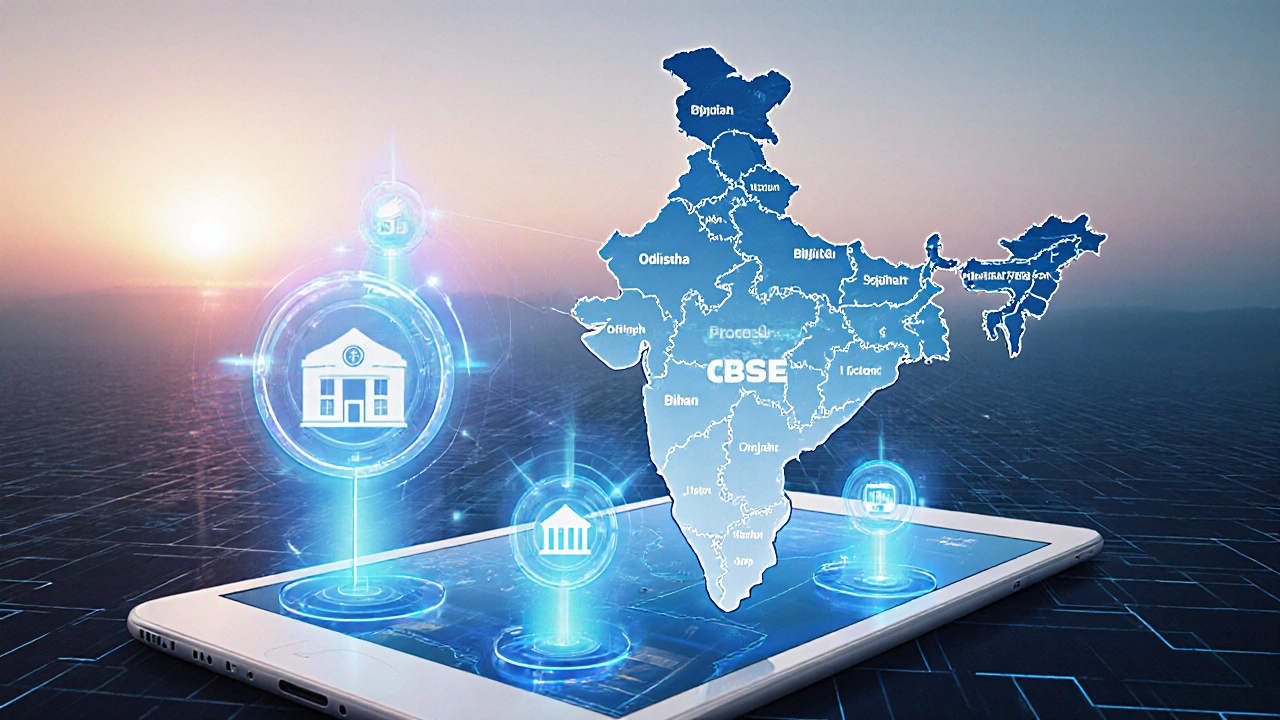 Futuristic Indian map with holographic school icons and digital grids showing emerging CBSE locations.