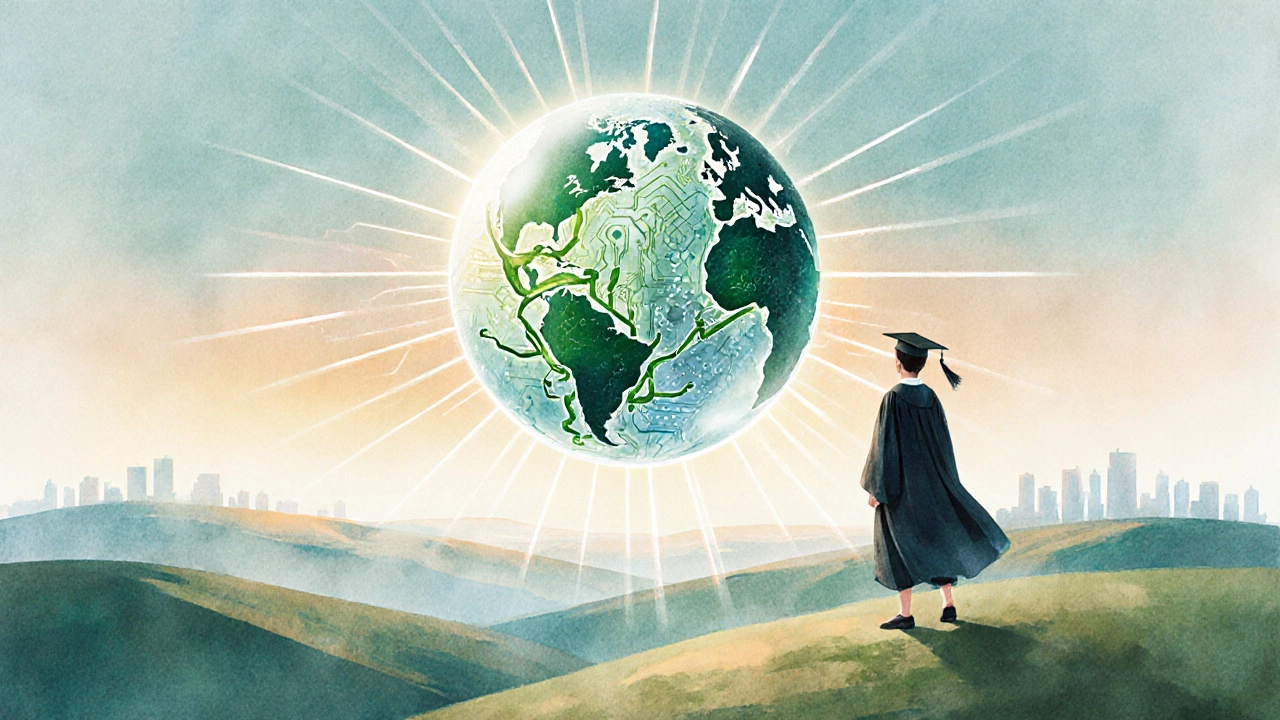 Graduate looking at a glowing globe merging sustainability vines and AI circuits at sunrise.