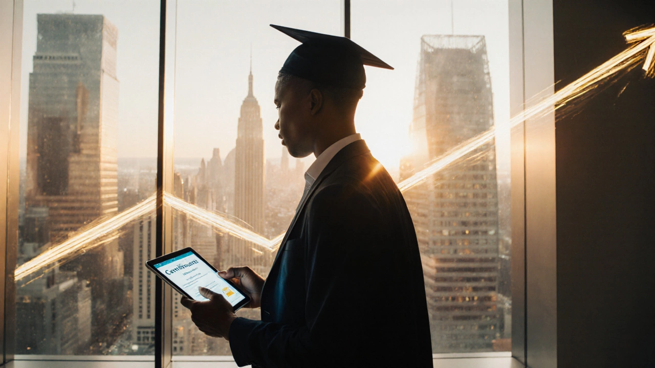 Graduate showing digital certificate while entering modern office, ready for new job.