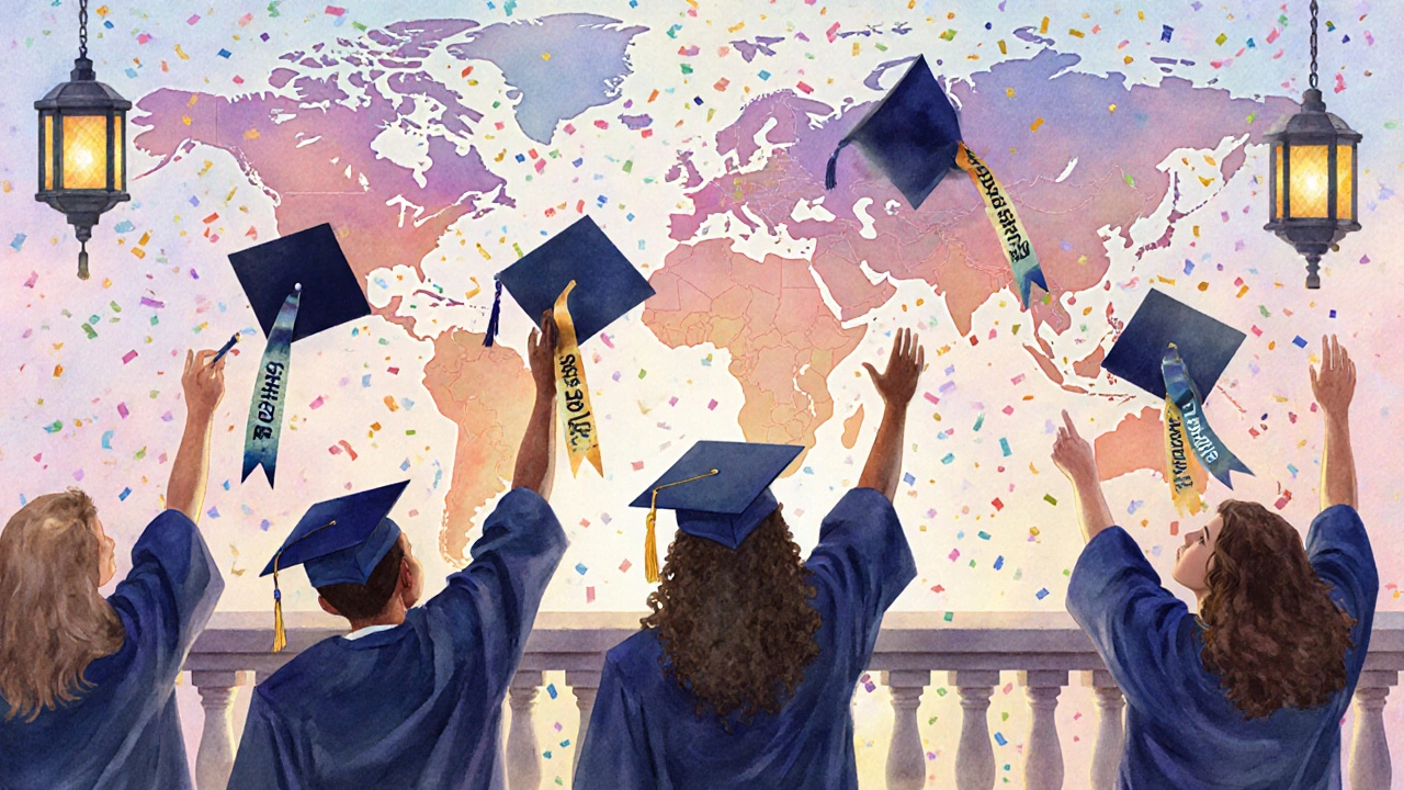 Graduation ceremony with students holding scholarship ribbons against a world map background.