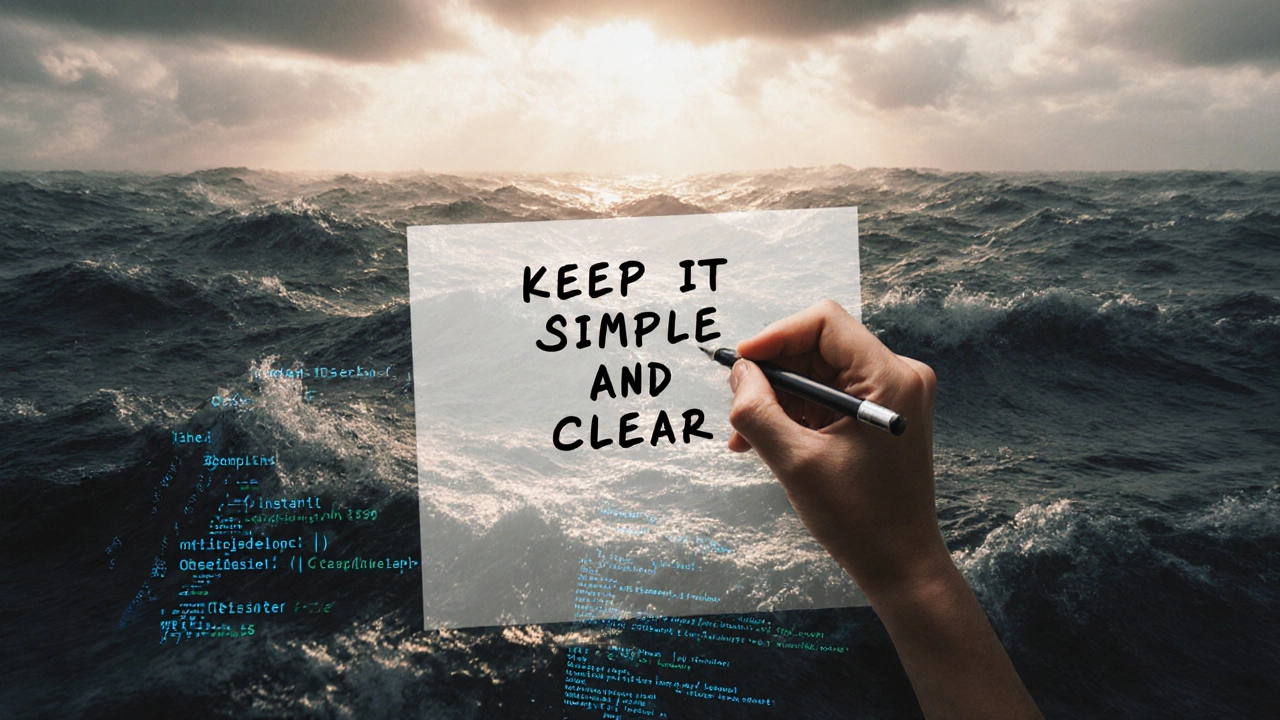 Handwriting 'Keep It Simple and Clear' over a storm of chaotic code, sunlight breaking through.