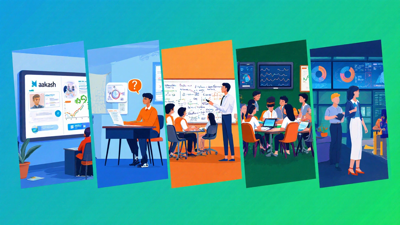 Illustrated collage of five different classroom styles representing top NEET institutes.