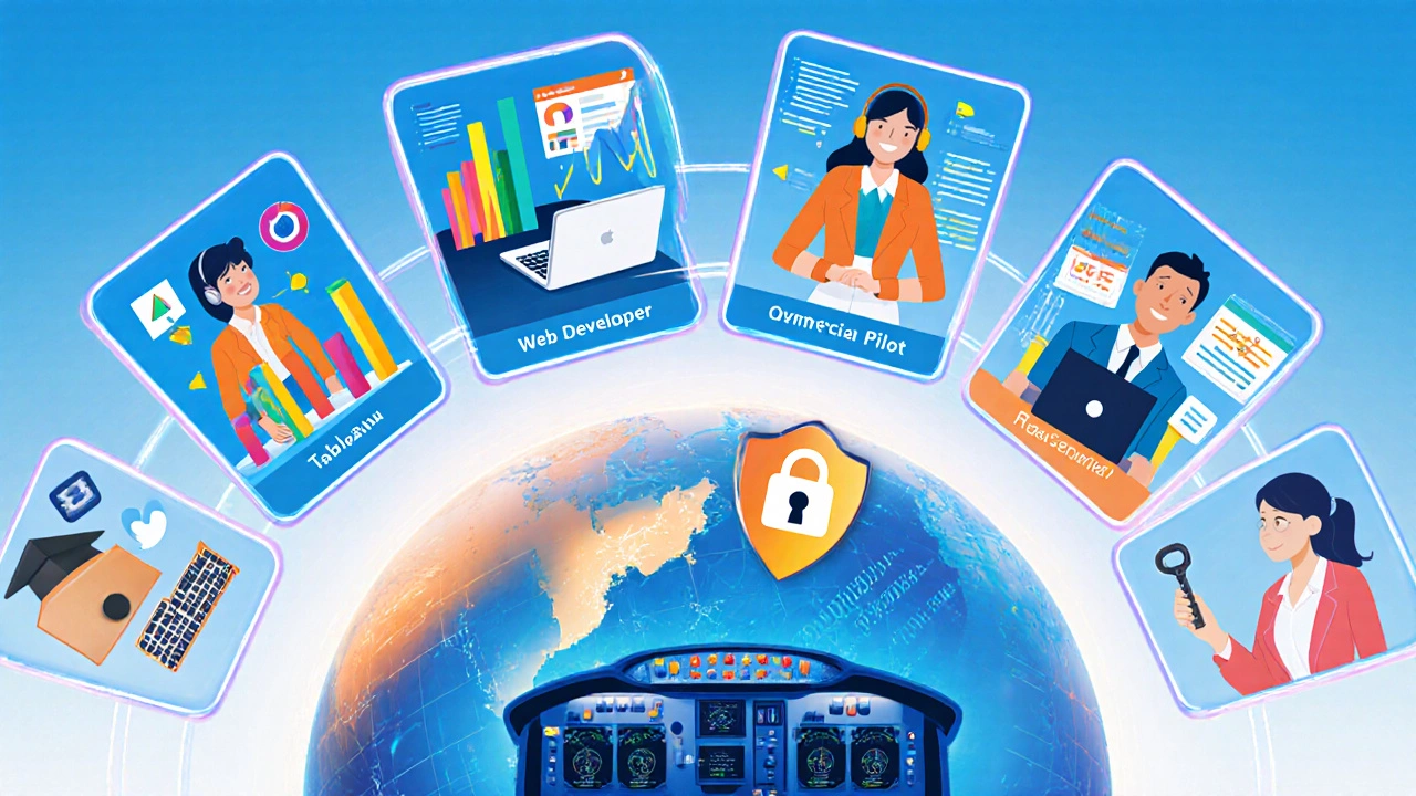 Illustrated collage of seven high‑paying jobs, each shown with distinct tools and icons.
