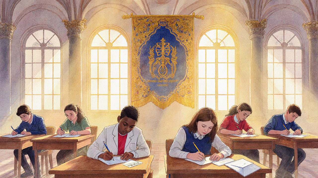 International Math Olympiad contestants solve proofs in a historic sunrise-lit hall.