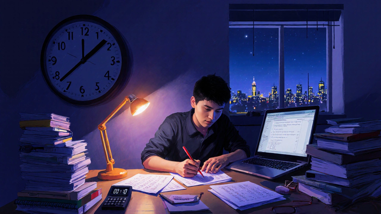Late‑night study scene of a Class 12 student surrounded by JEE mock papers.