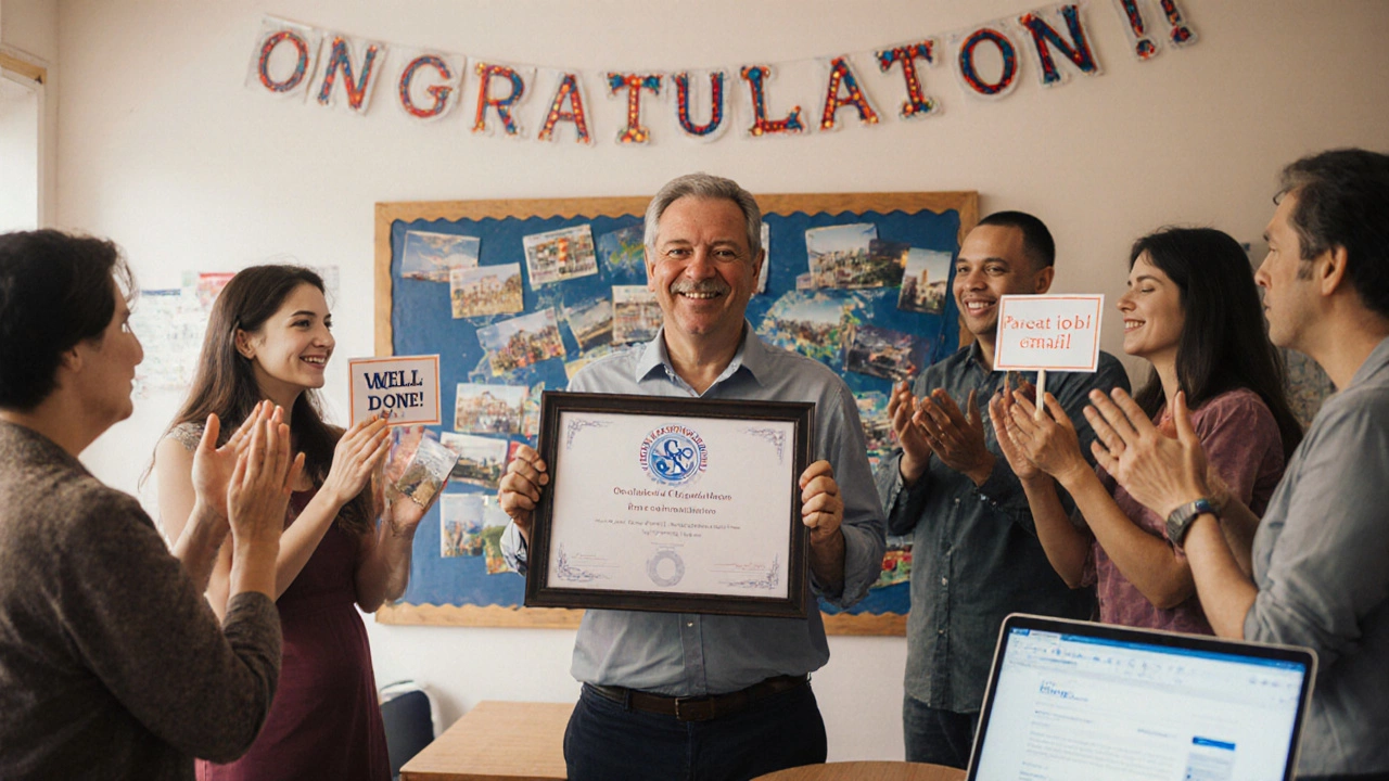Learner receiving a certificate, surrounded by supportive friends and family.