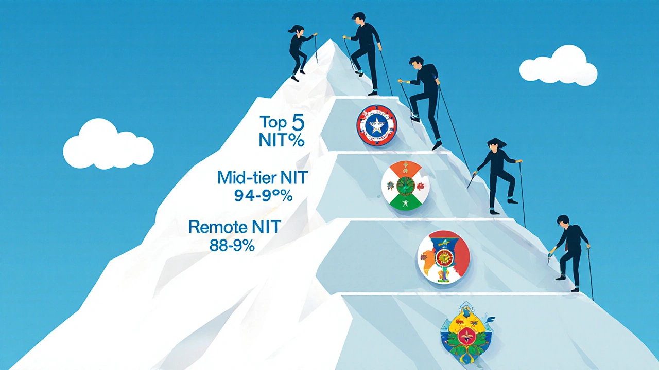 Mountain with tiered platforms representing NIT tiers by percentile, climbers with category markers.