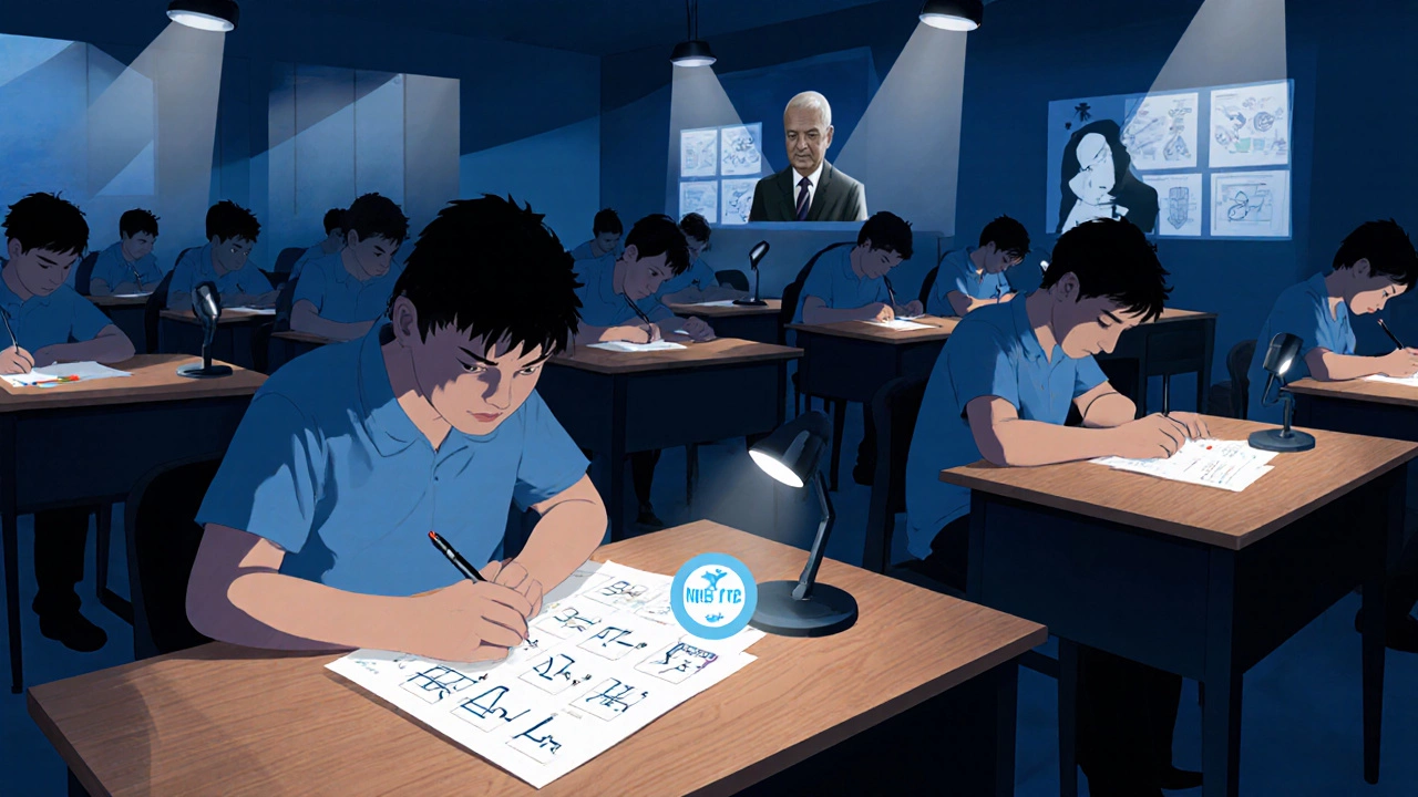 Nighttime exam hall with candidates, mathematical symbols, interview panel and medical mannequin.