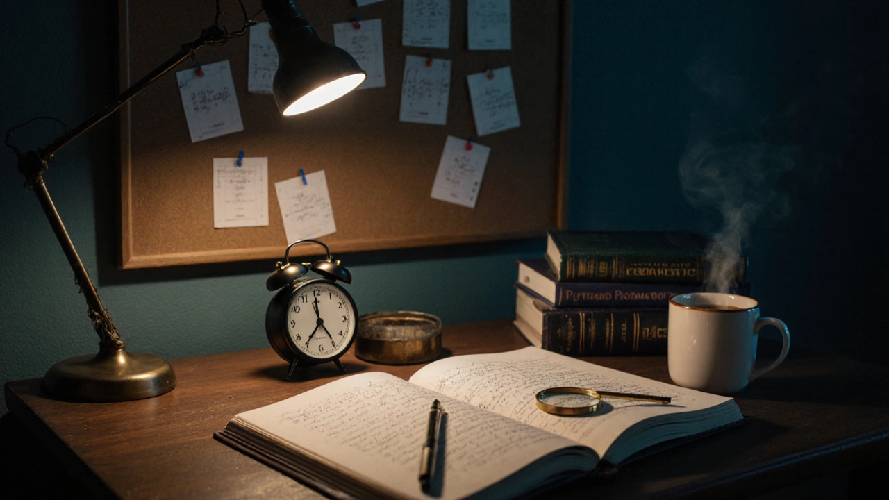 Nighttime study desk with notebook, math books, clock, and coffee mug.
