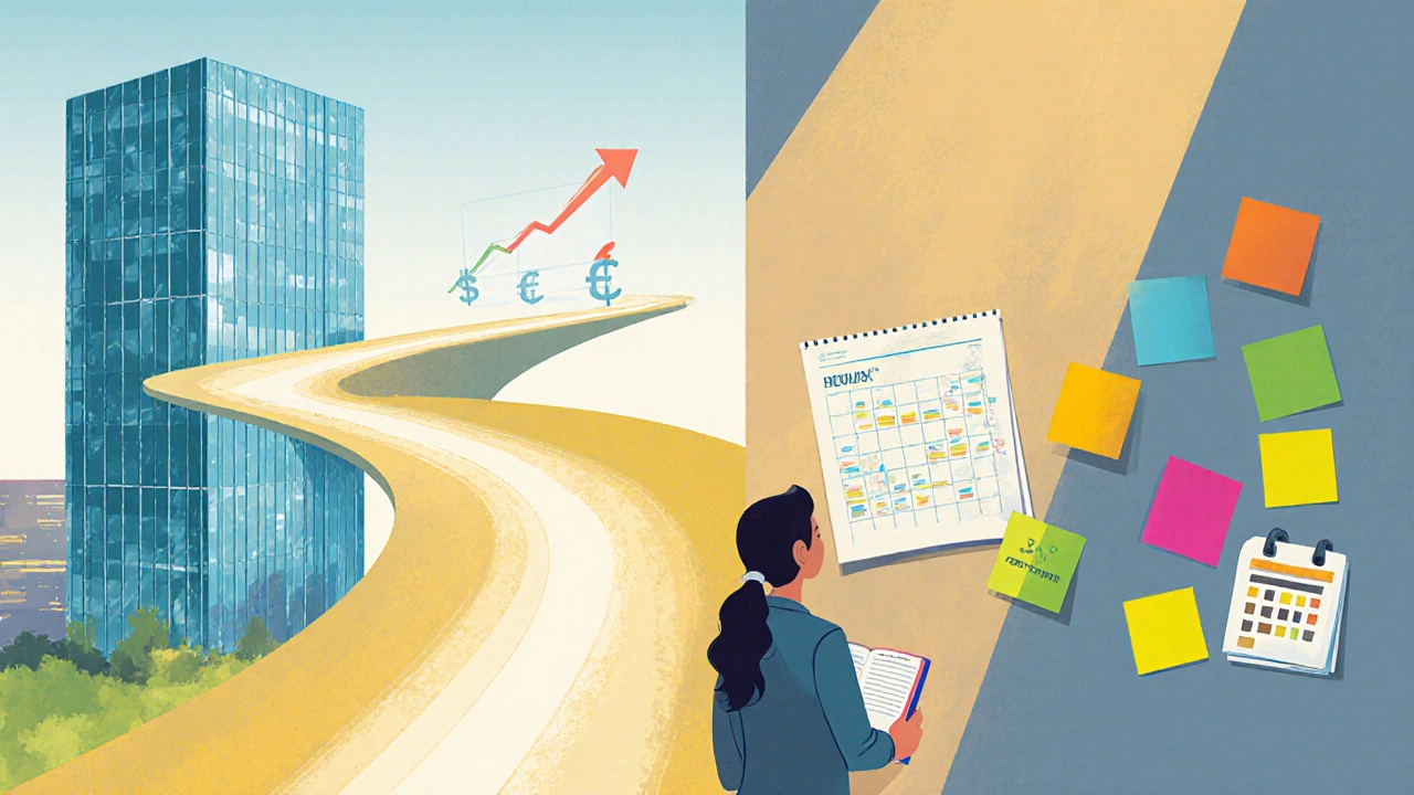 Person planning career with sticky notes and books, walking toward a bright office skyline.