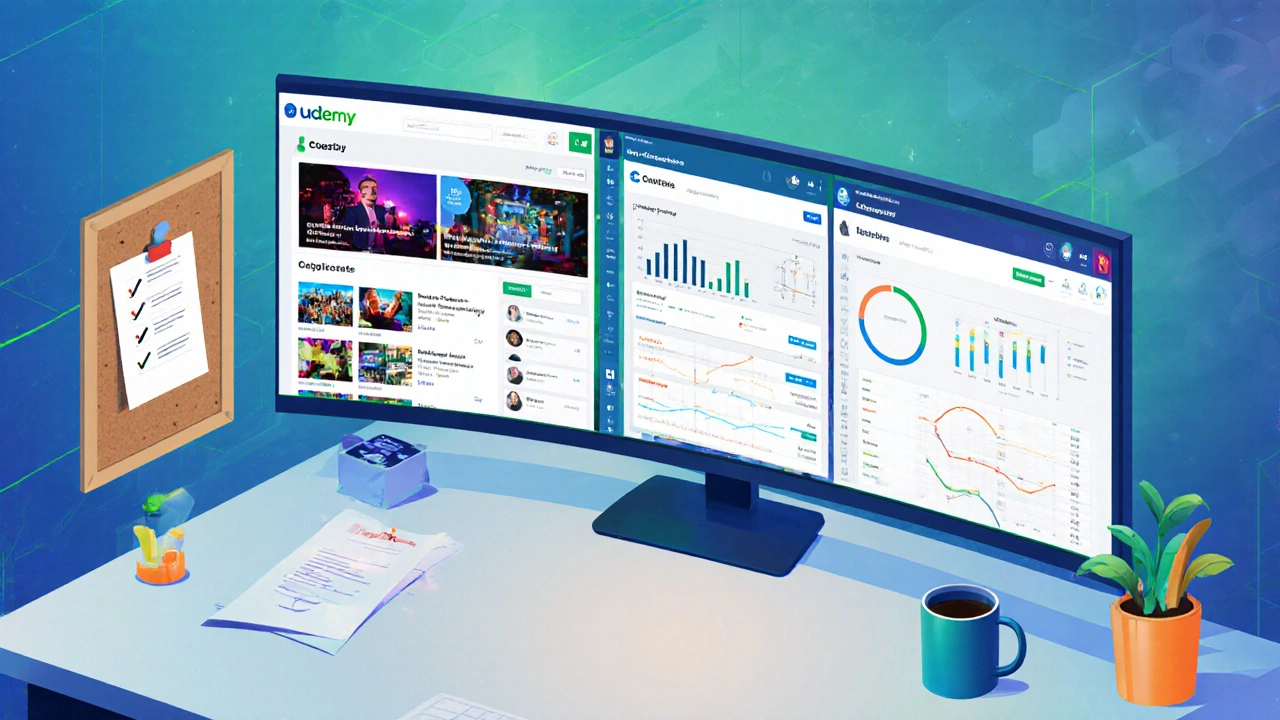 Side‑by‑side view of Udemy, Coursera, and Teachable interfaces on a split monitor with a checklist nearby.