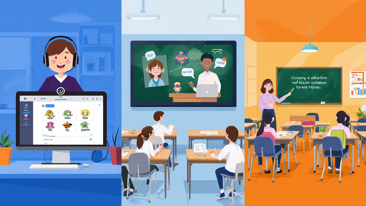 Split view of online video lesson and in‑person classroom, plus hybrid connection.