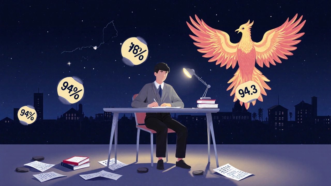 Student at desk with percentile numbers transforming from 86 to 94.3, NIT faintly visible in background.