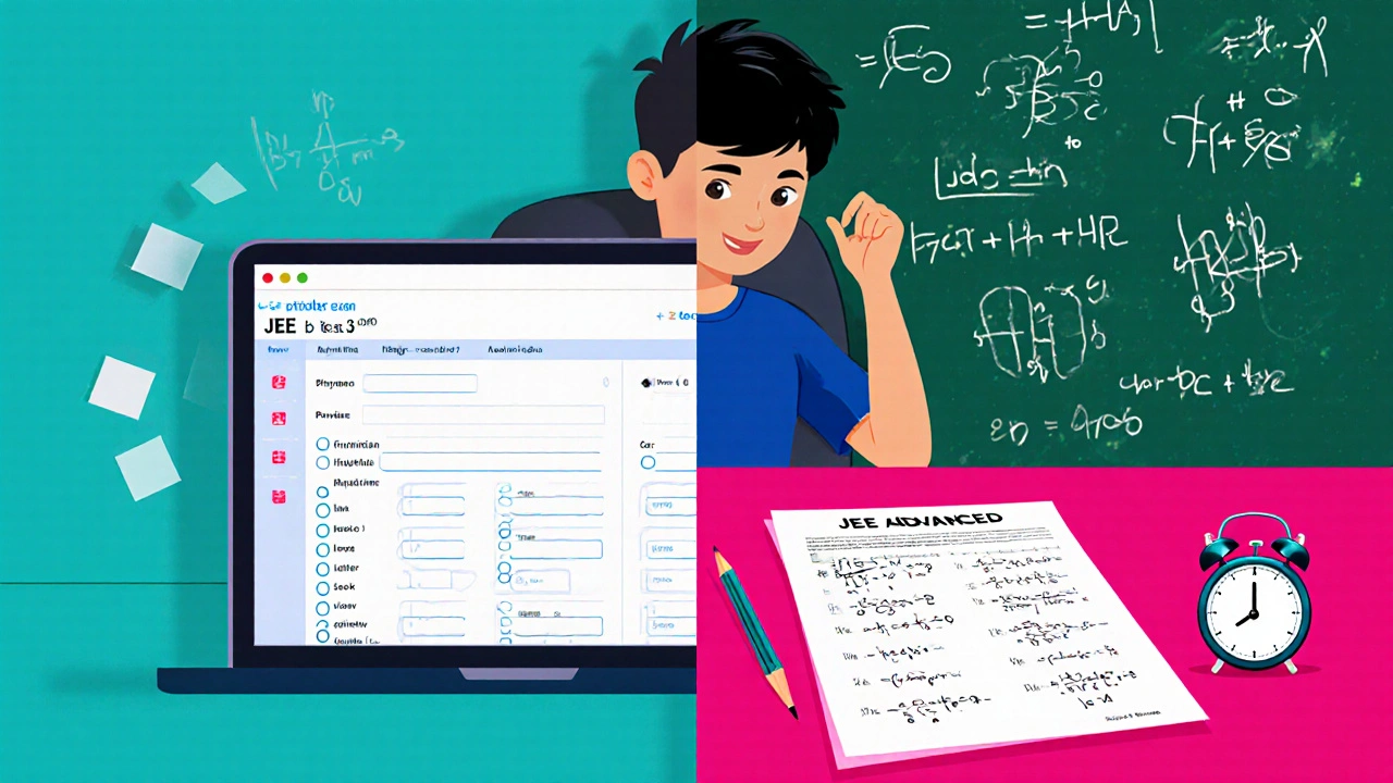 Student desk split between JEE Main computer test and JEE Advanced paper exam with formulas.