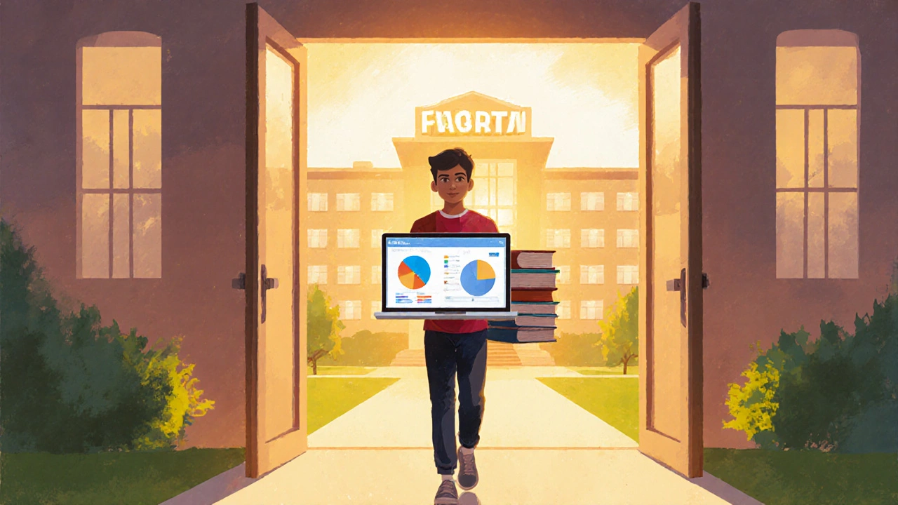 Student leaves a demo class holding a laptop and books, walking toward a sunrise campus.