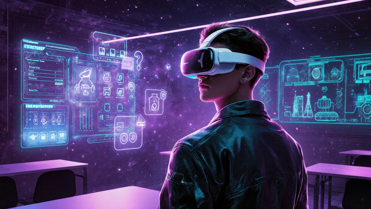 Student wearing AR glasses surrounded by holographic AI learning tools and futuristic visuals.