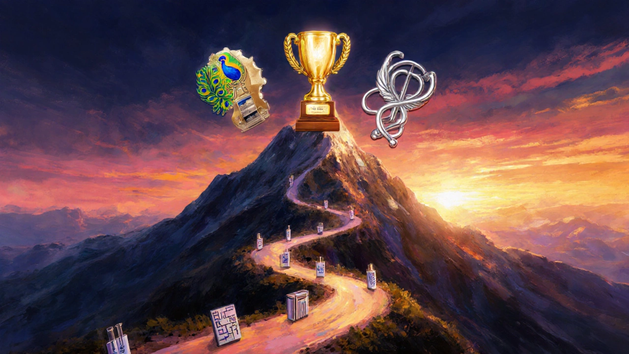 Sunrise mountain summit with symbols of IAS, IIT and medical excellence.