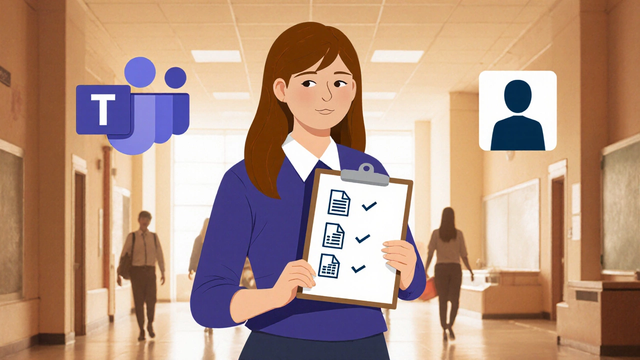 Teacher holding checklist near Microsoft Teams and Canvas icons, indicating migration.