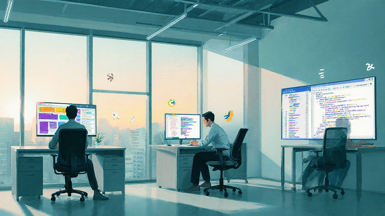 Team of developers working on web, testing, and automation tasks with minimal math.