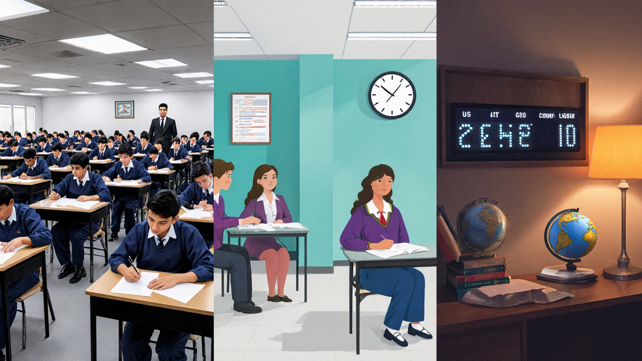 Three exam rooms: Indian JEE hall, US SAT center, and GRE study space shown side by side.