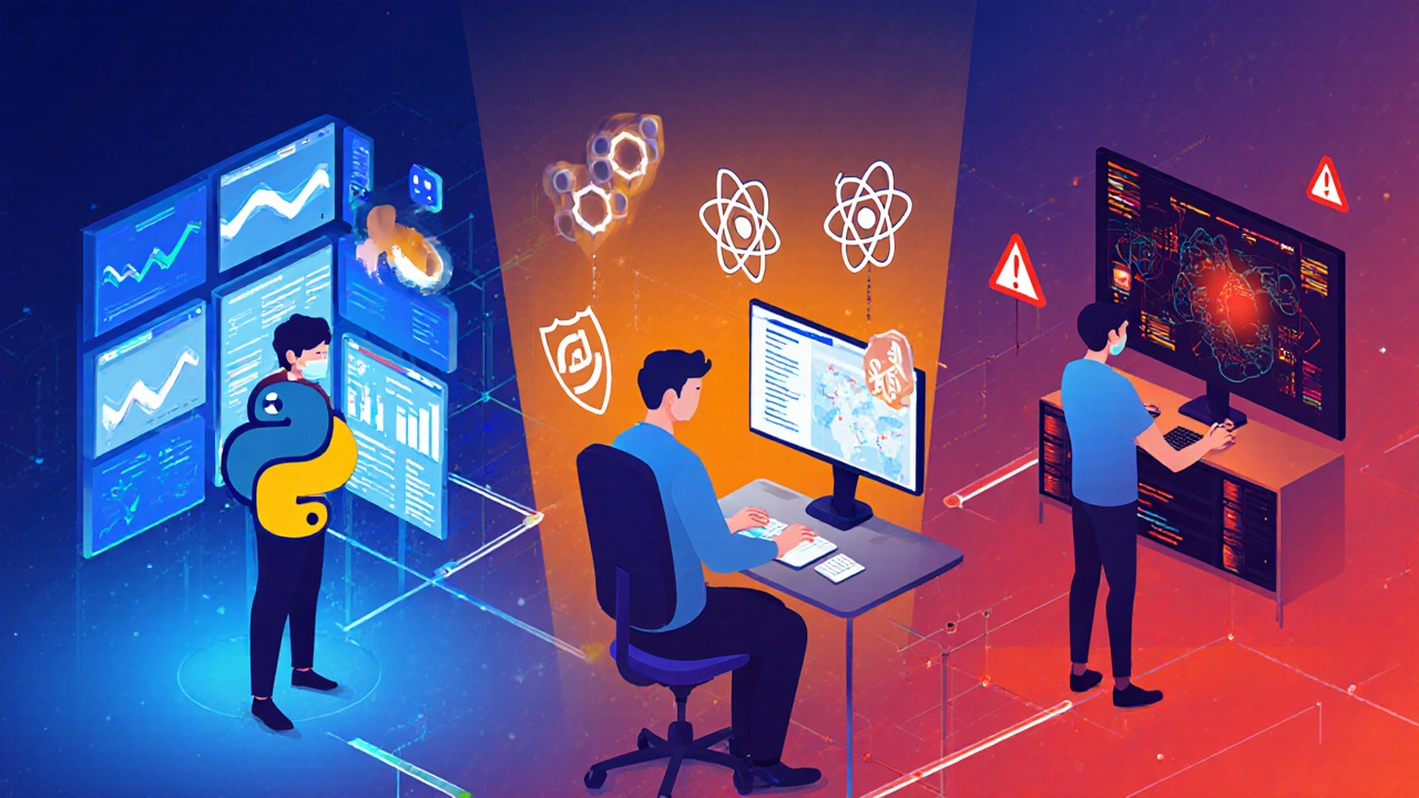 Three professionals—data scientist, web developer, and cybersecurity analyst—working in separate tech spaces.