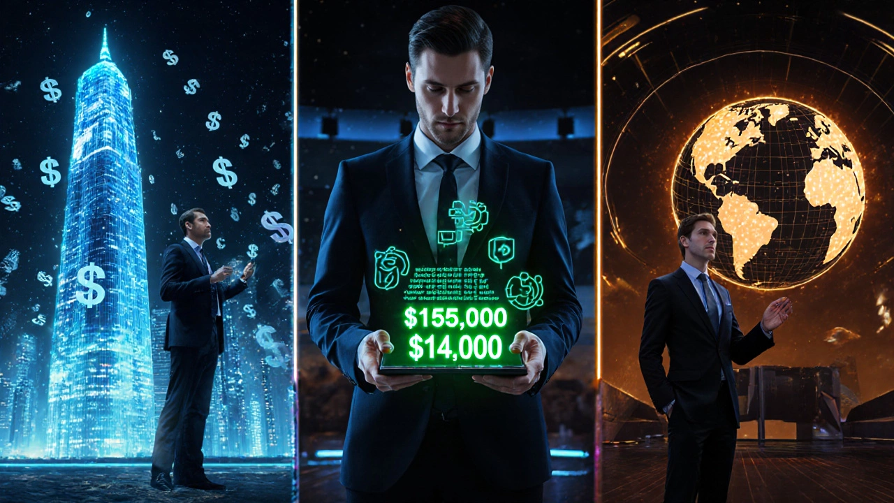 Three professionals representing finance, tech, and consulting with floating salary figures.