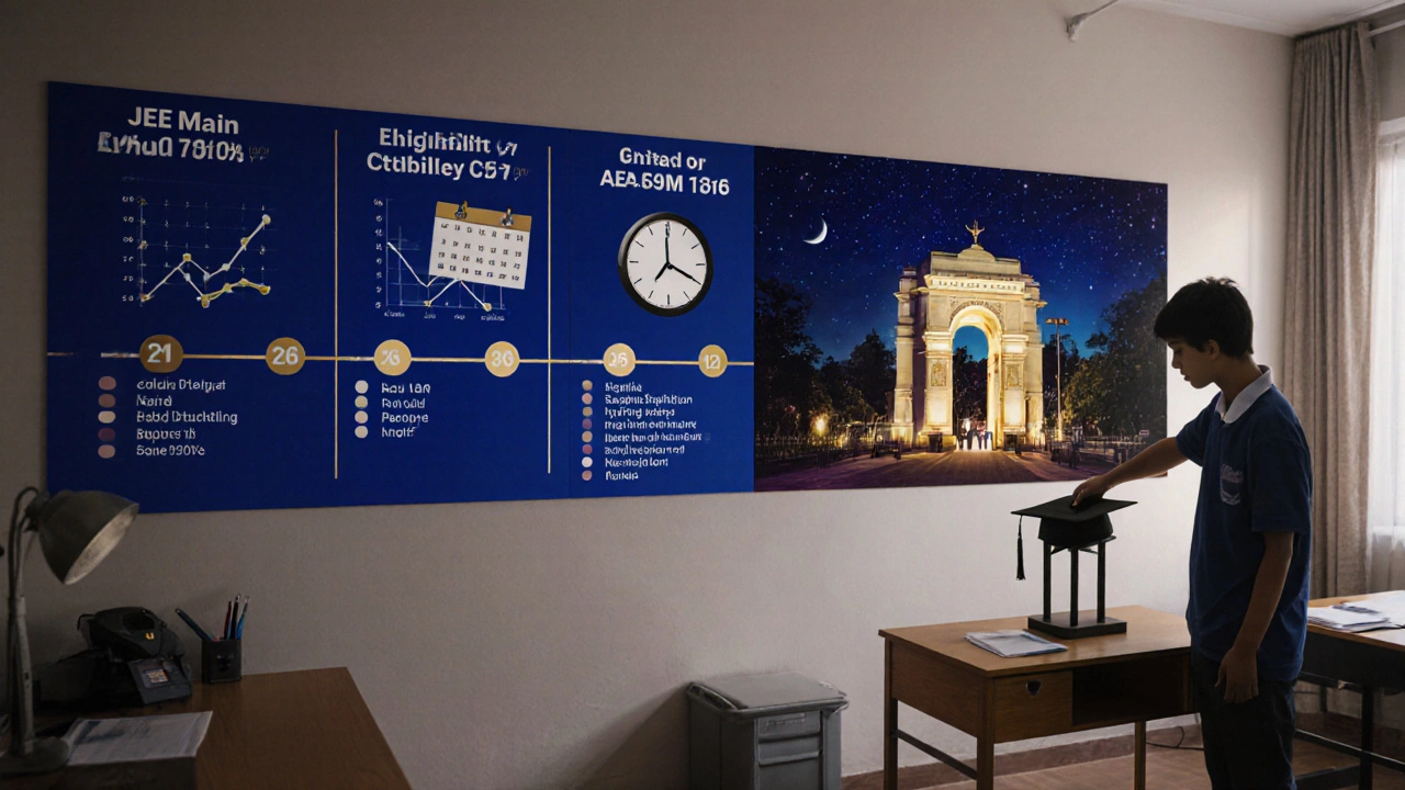 Timeline mural showing JEE Main attempt, cutoff, JEE Advanced rank, ending at IIT gate.