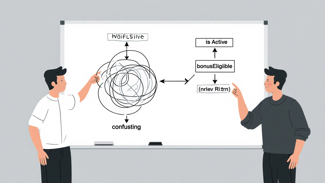 Two developers comparing complex code vs. simple flowchart on a whiteboard.