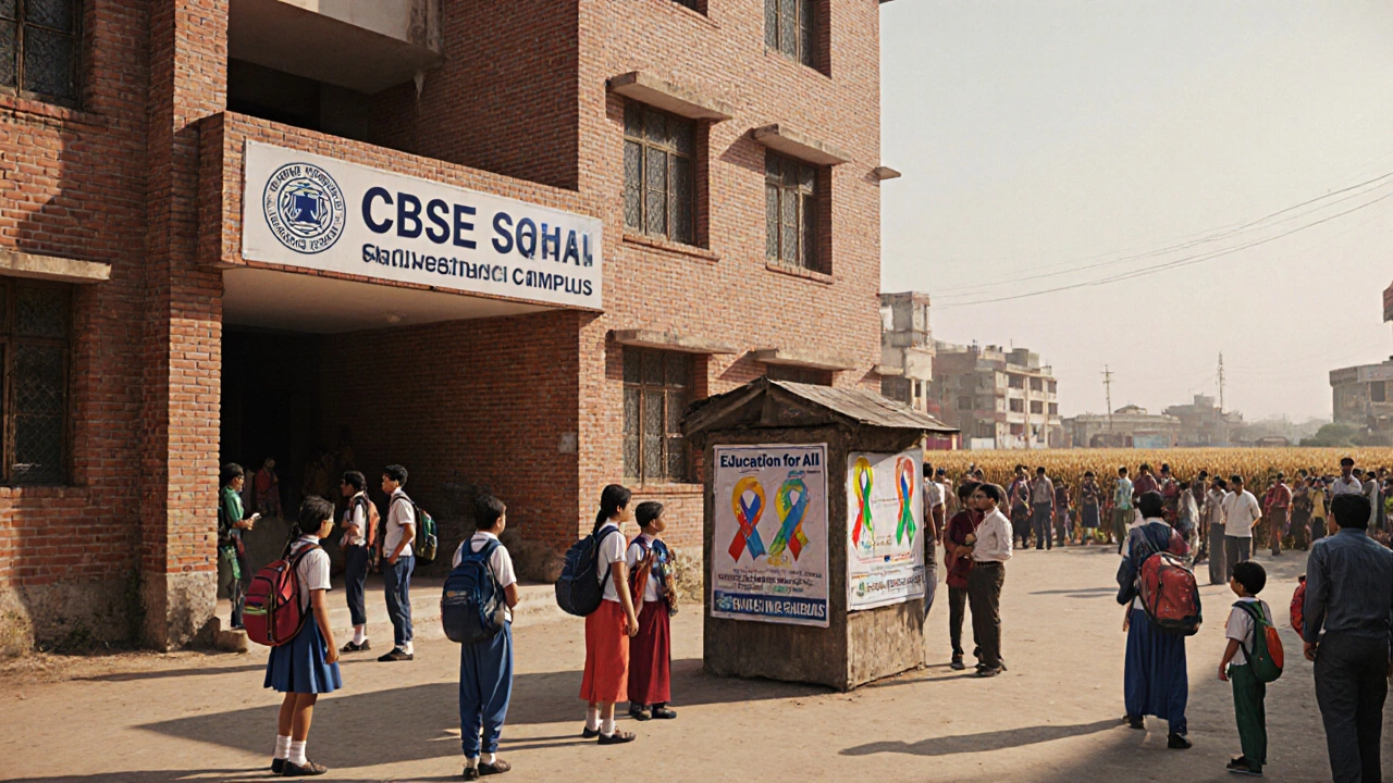 Urban and rural CBSE schools in Uttar Pradesh with children, parents, and a government scheme banner.