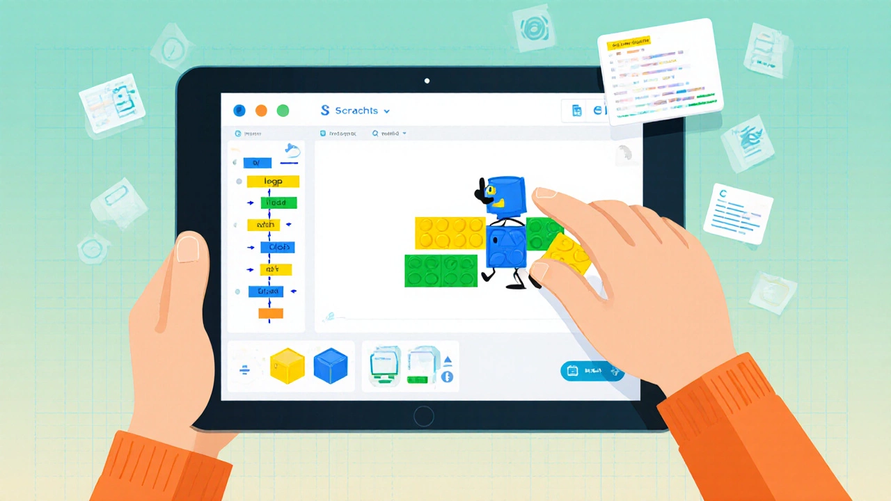 User dragging colorful visual programming blocks to build a simple animation.