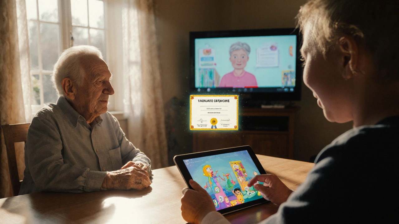 A child and elderly person learning together on tablets and monitors, with a glowing digital certificate between them.