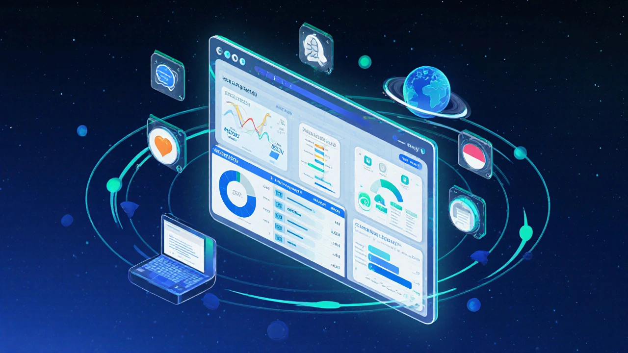 A floating 3D digital learning dashboard with AI-recommended courses and interactive elements in cool neon tones.