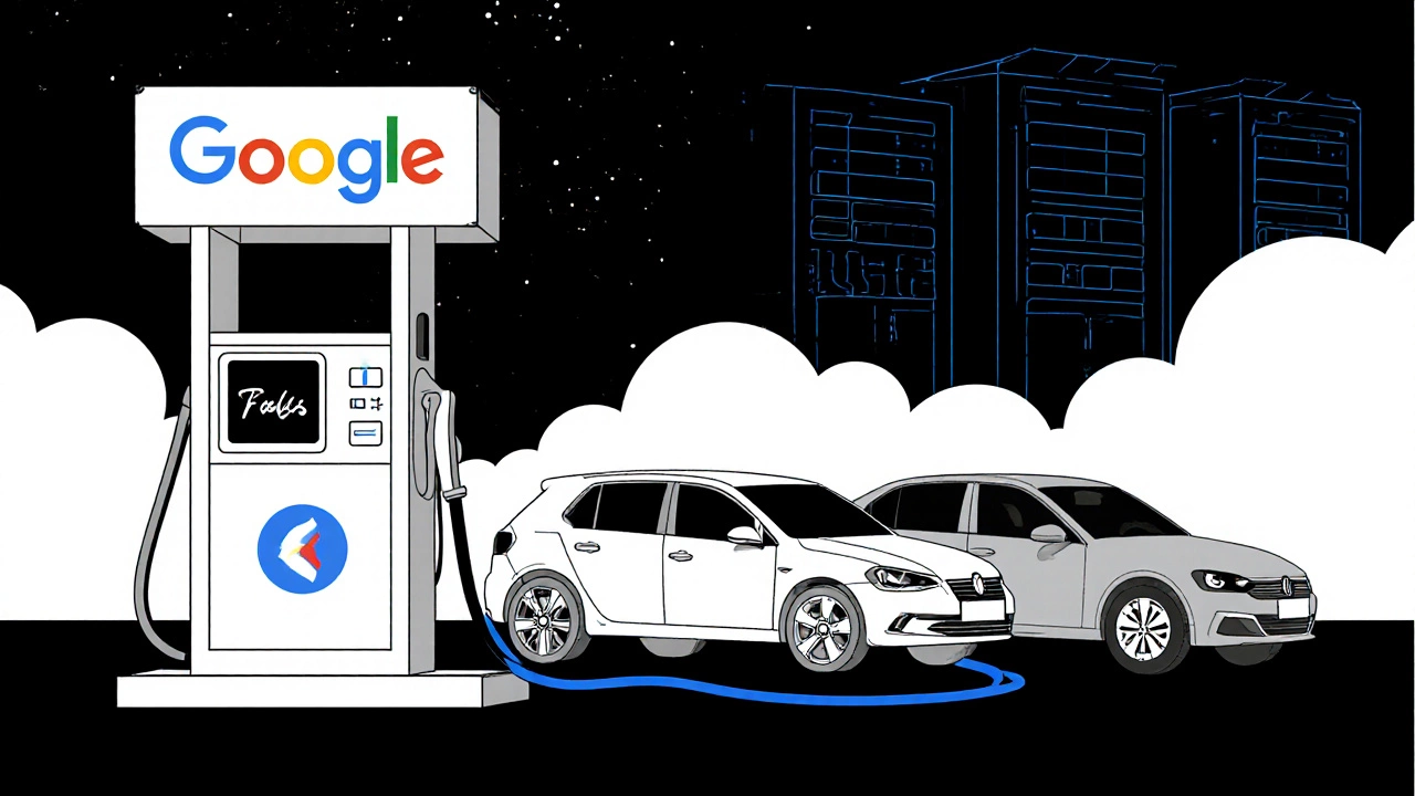 A gas pump labeled &#039;Google Tools&#039; fueling three e-learning platforms: Coursera, Khan Academy, and Udemy.