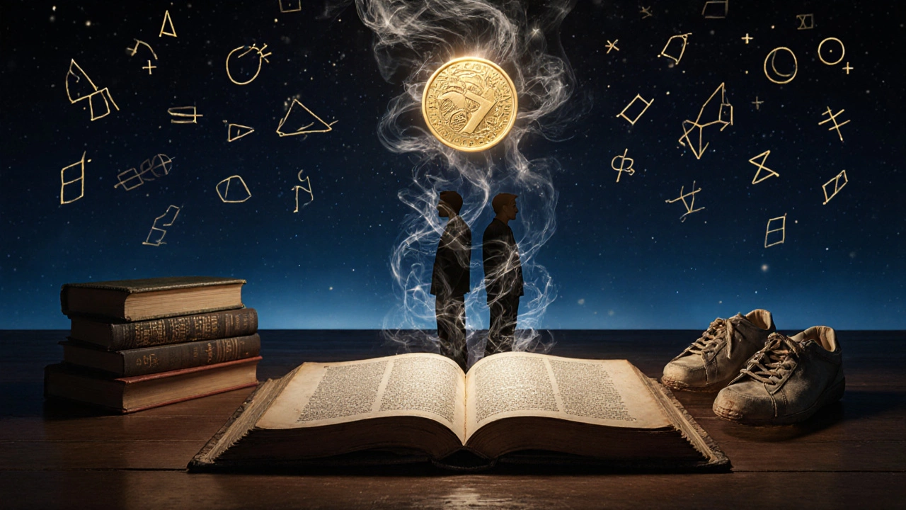 A golden IMO medal hovering above a textbook whose pages become fractals, with famous mathematicians in silhouette.