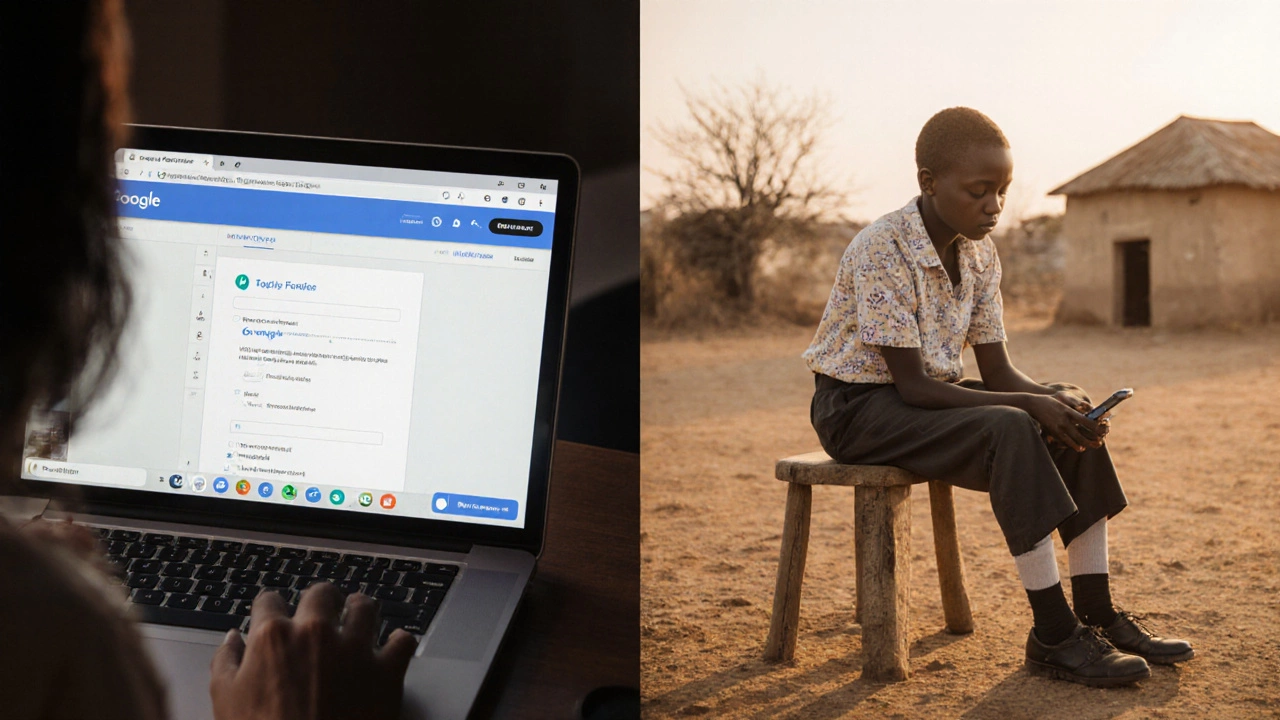 A teacher creating a quiz on Google Forms and a student attending a live lesson via Google Meet in a rural setting.