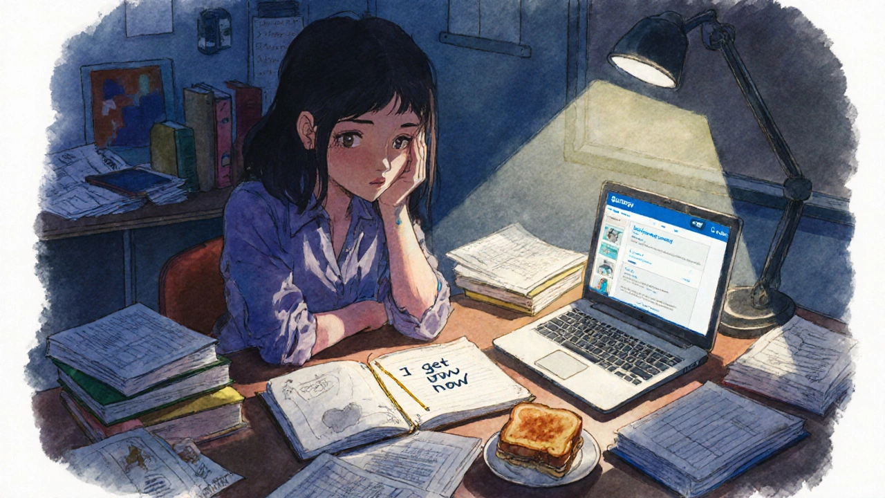 A tired teacher trainee reviews student work late at night under a dim lamp, tears on a journal page.