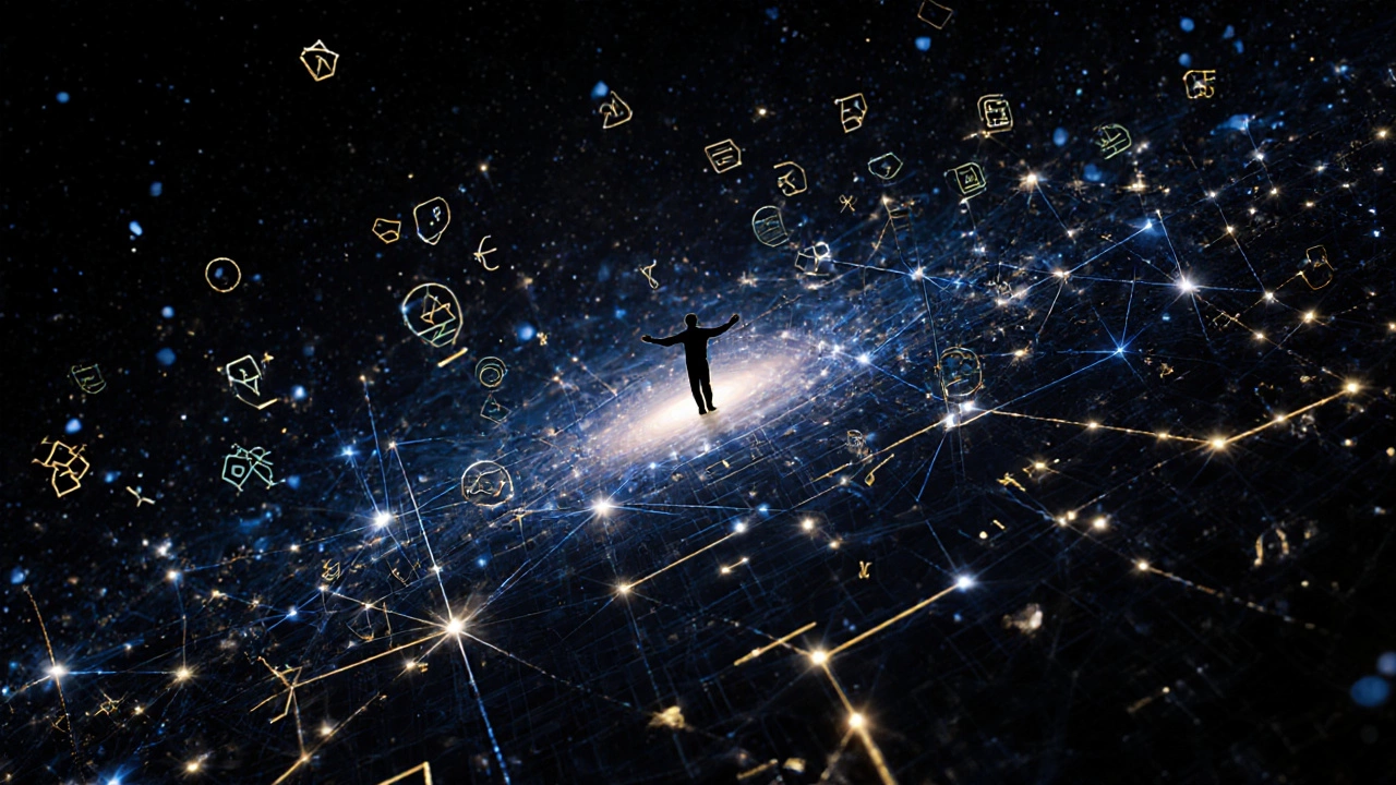 An abstract cosmic labyrinth of mathematical symbols with a solitary figure at its center.