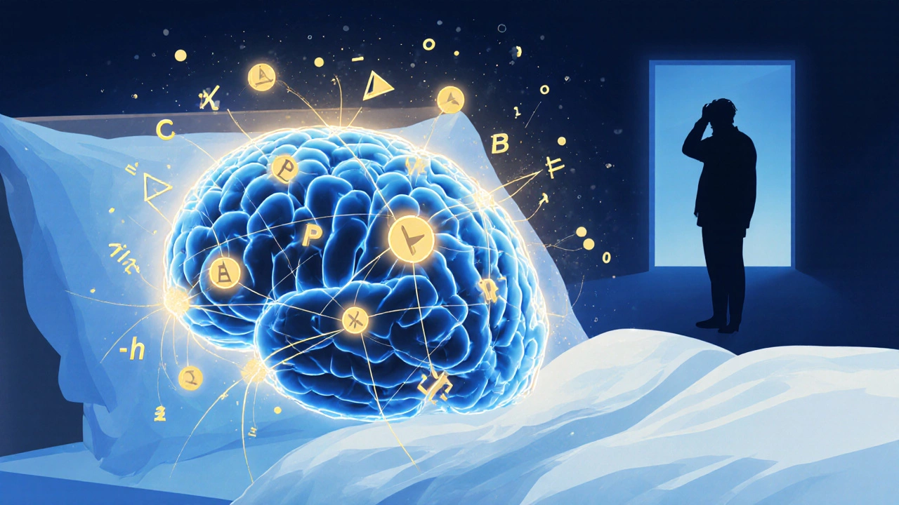 Brain with glowing neural connections during sleep, symbolizing memory consolidation.