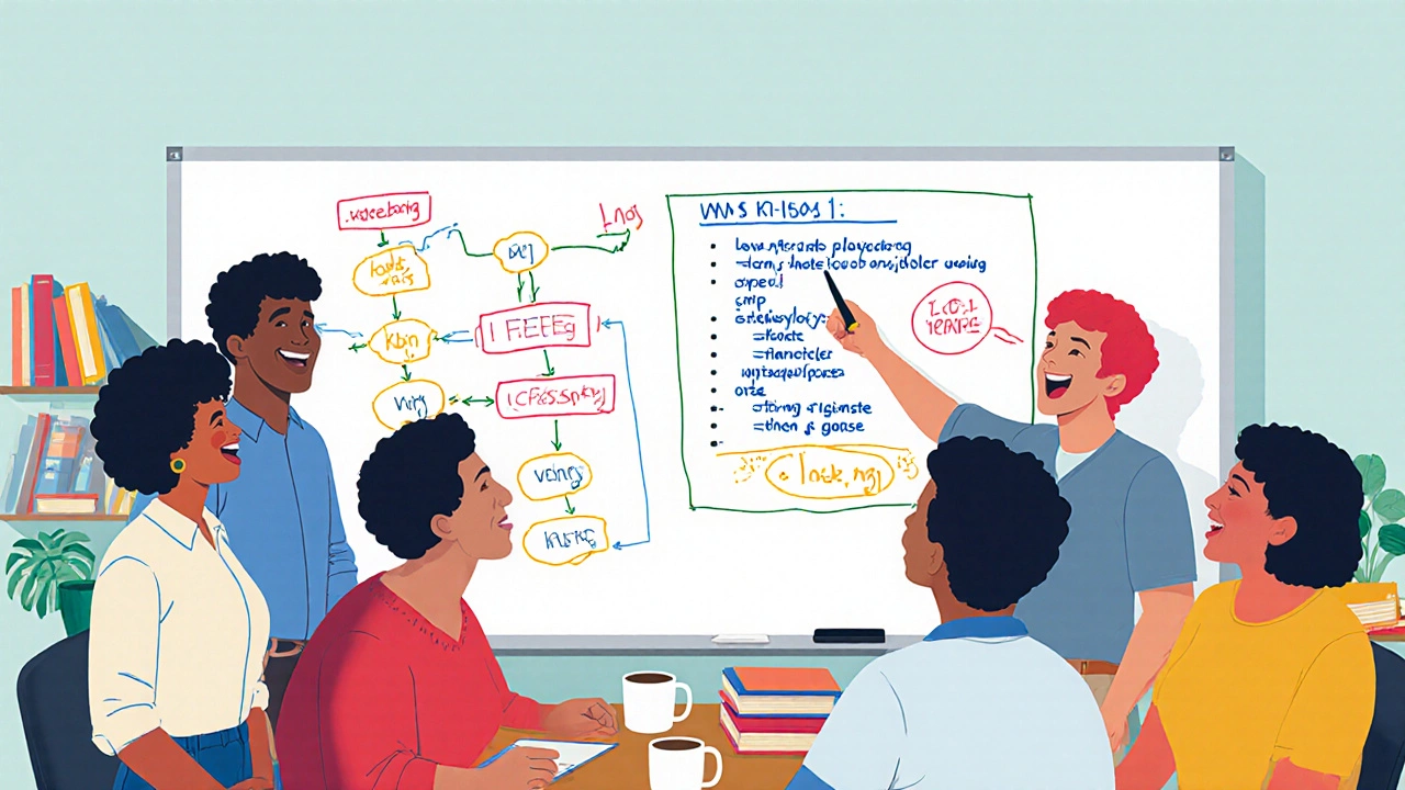 Diverse group of learners collaborating around a whiteboard filled with code diagrams and doodles.