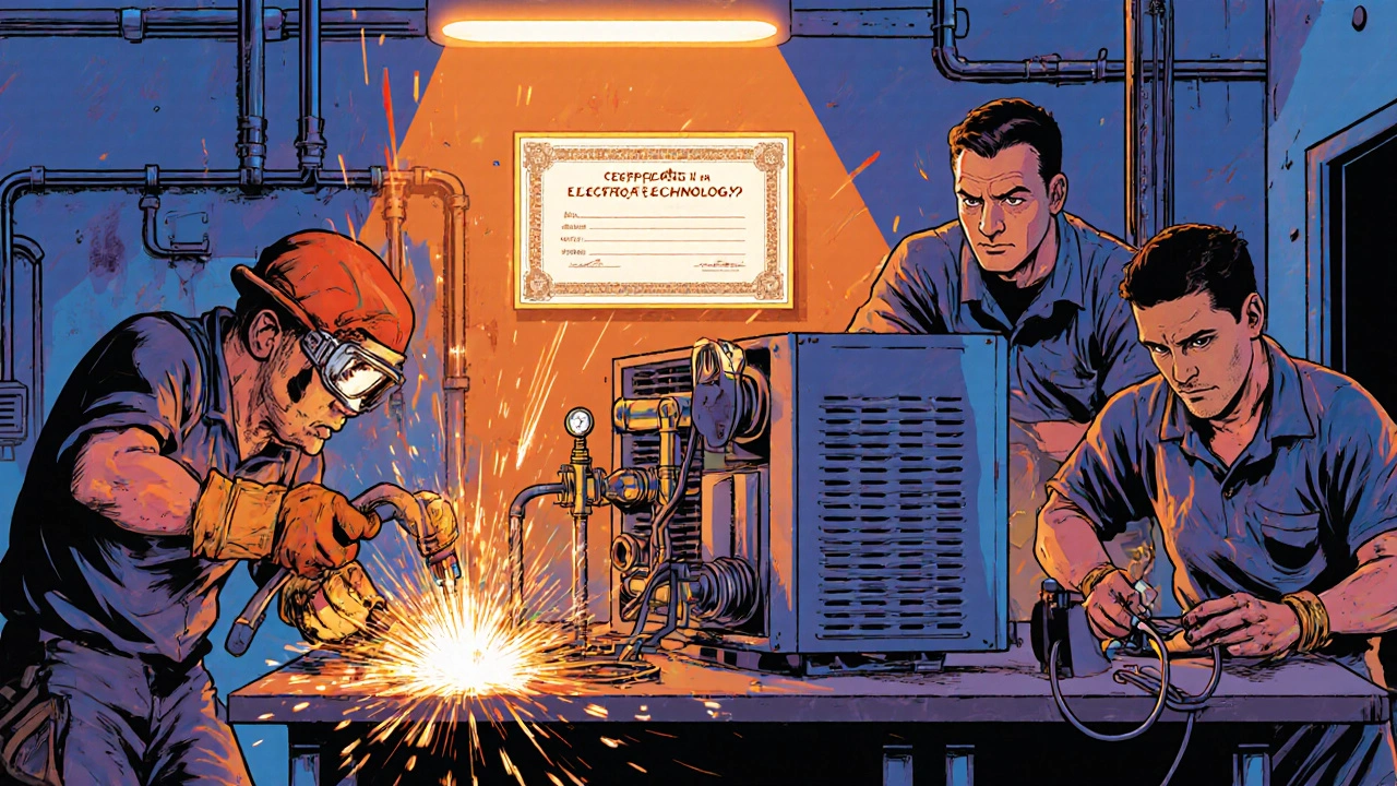 Diverse trainees in a workshop learning electrical, plumbing, and HVAC skills with tools in motion.