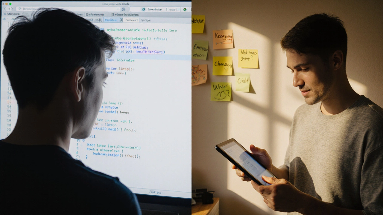 Same person months later, smiling as their simple app runs successfully, with progress notes on the wall.