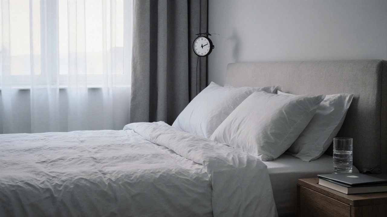 Serene bedroom at night with clock at 10:45 p.m. and book on nightstand.